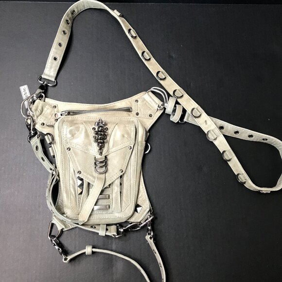 Jungle Tribe Belt Bag Gray Leather Studded Utility Crossbody Handbag Fanny Pack - Picture 3 of 17